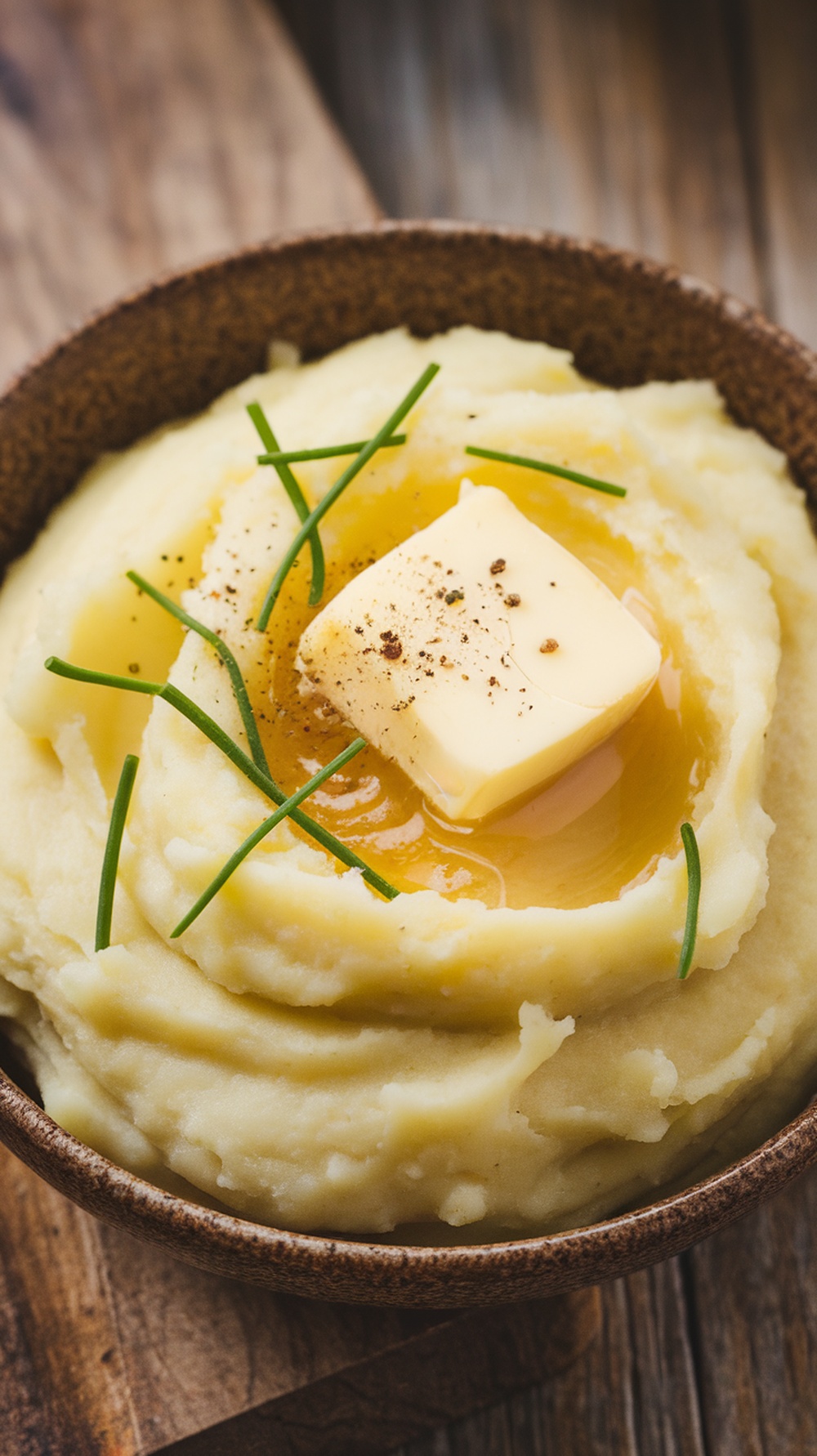 A bowl of creamy garlic mashed potatoes topped with butter and chives.