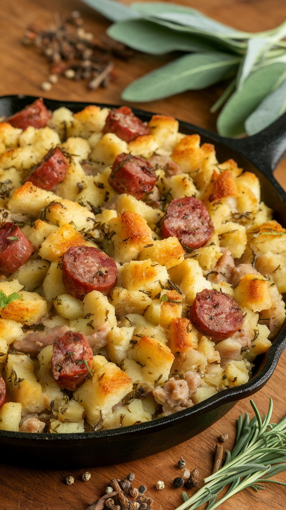 A delicious savory stuffing with sausage and sage in a cast iron skillet, garnished with herbs.