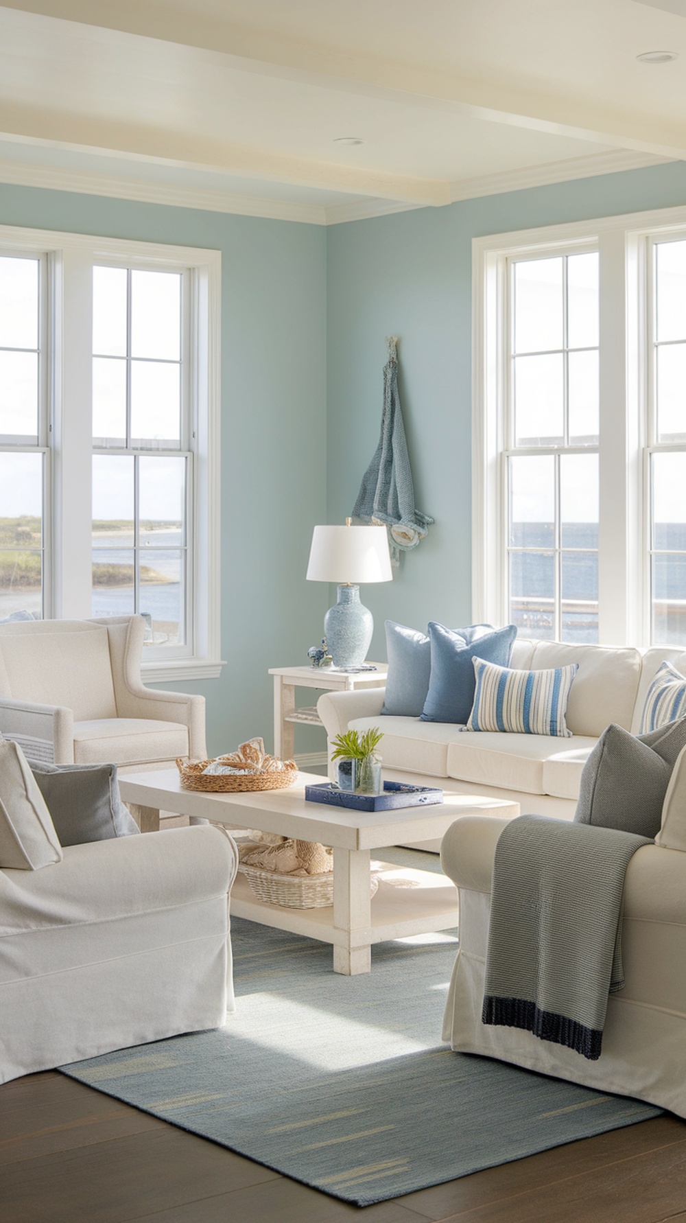 A bright living room with light blue walls, white furniture, and coastal decor.