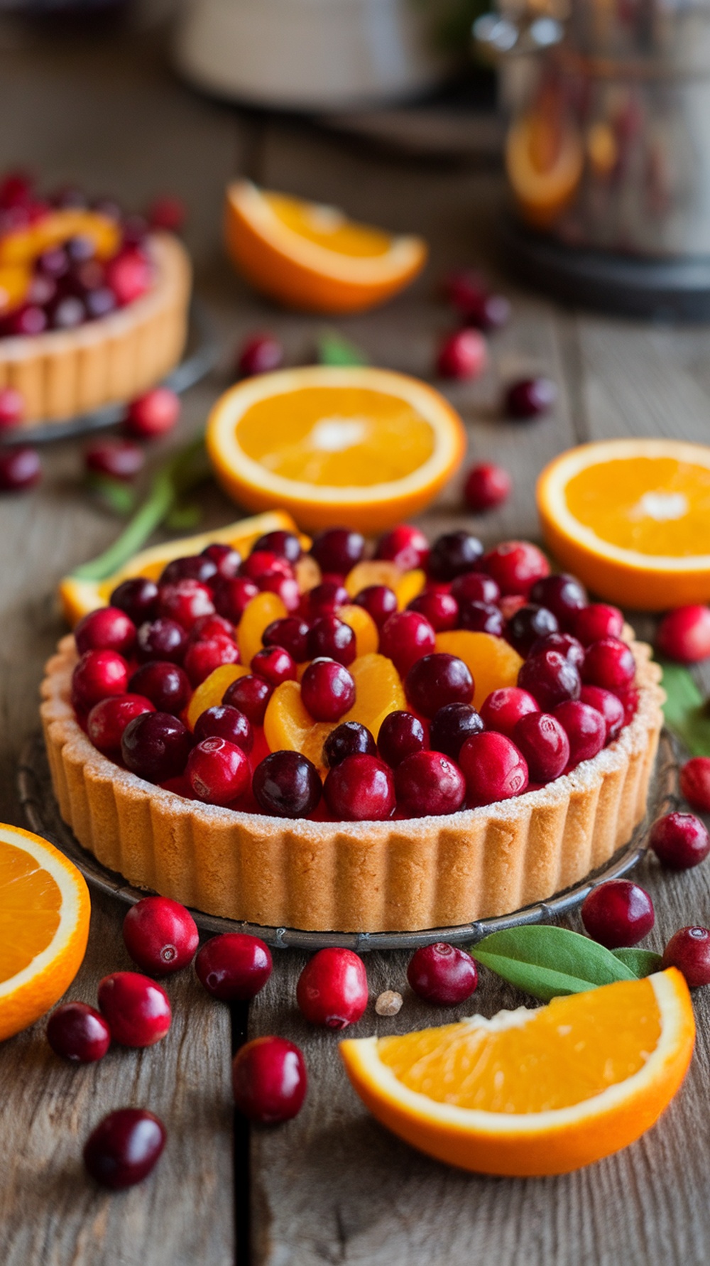 A beautiful cranberry orange tart garnished with fresh cranberries and orange slices on a rustic wooden table.