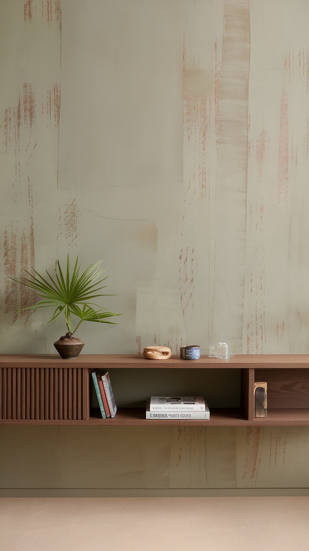 A cozy interior featuring Fawn Brindle paint on the wall, with a wooden shelf and decorative items.