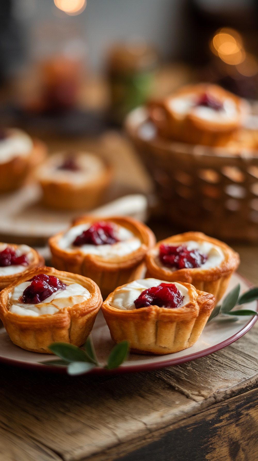 A plate of cranberry brie bites topped with cranberry sauce, set on a rustic wooden table.