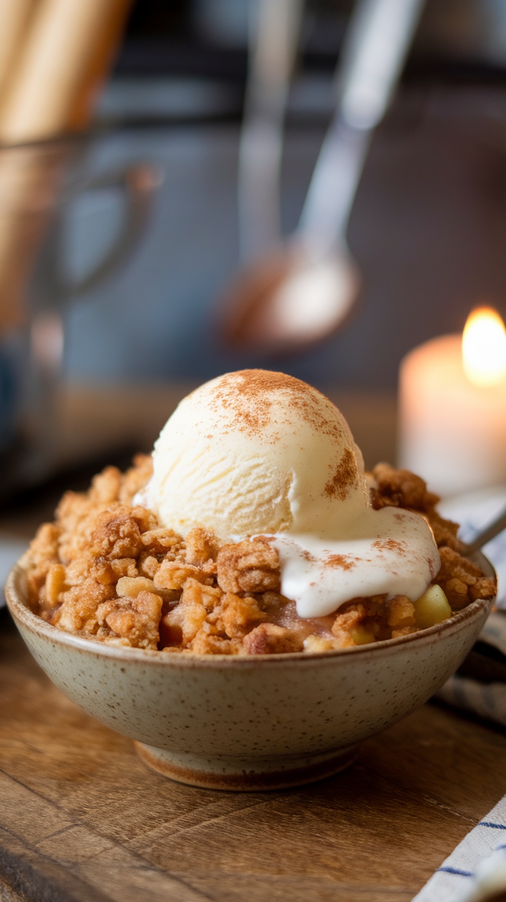 A bowl of apple crisp topped with vanilla ice cream and a sprinkle of cinnamon.