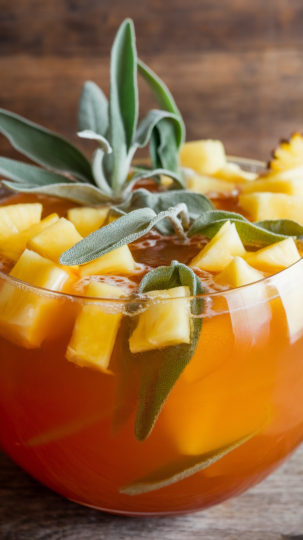 A bowl of Pineapple Sage Punch with pineapple chunks and sage leaves