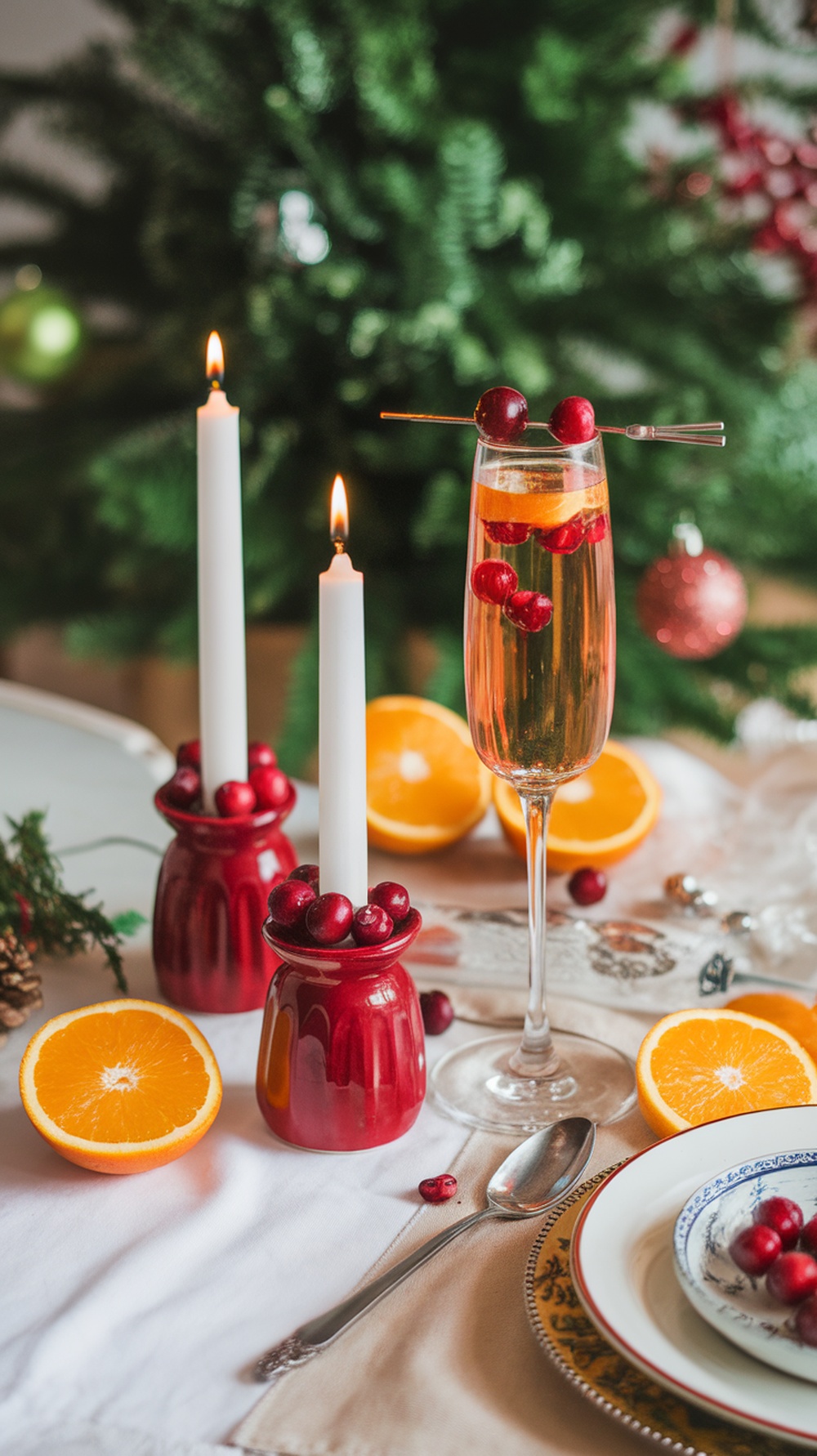 A festive Cranberry Orange Mimosa with cranberries and orange slices, surrounded by candles and oranges.