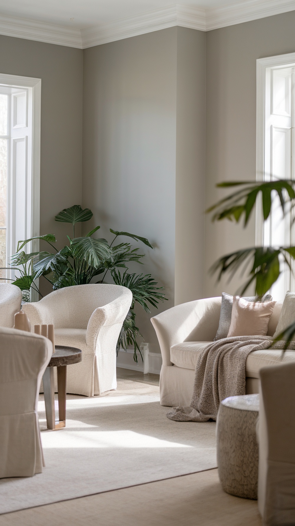 A cozy living room featuring Repose Gray walls, soft furniture, and plants.
