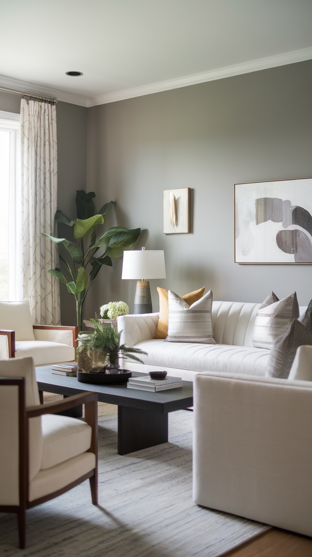 Living room featuring Dovetail by Sherwin Williams, showcasing gray walls, modern furniture, and large windows.