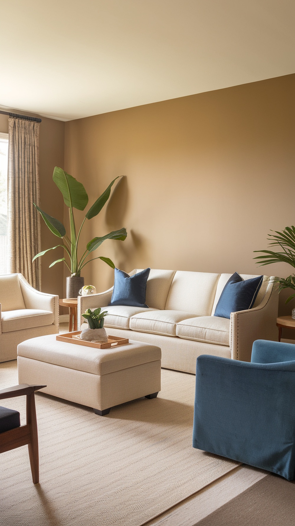 A cozy living room featuring Bungalow Beige walls, light furniture, and blue accents.