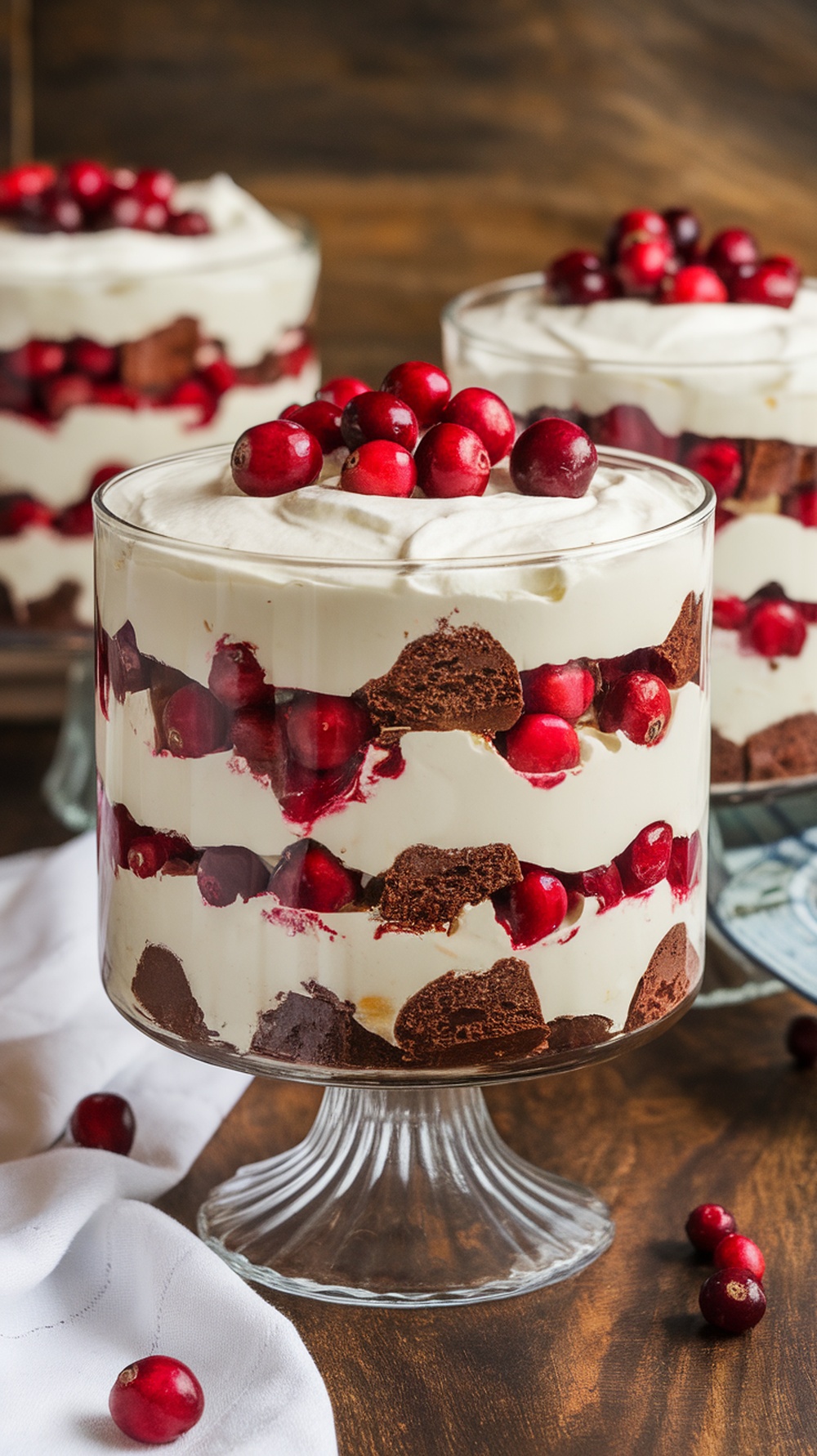 A delicious Chocolate Cranberry Trifle with layers of chocolate cake, cranberries, and whipped cream, topped with fresh cranberries.