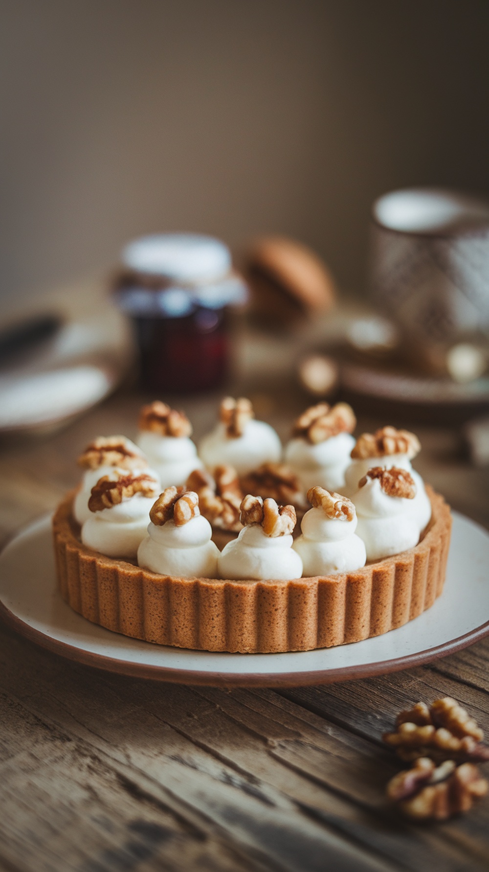 A delicious maple walnut tart topped with fresh cream and walnuts, displayed on a rustic wooden table.