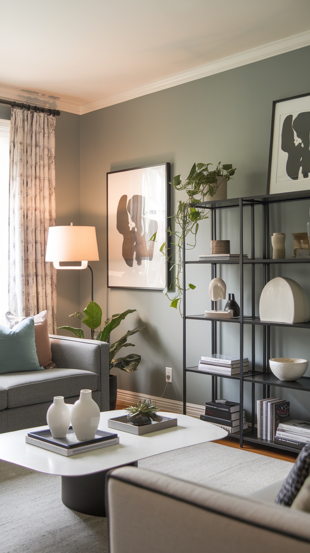 A cozy living room featuring Worldly Gray walls, stylish furniture, and natural light.