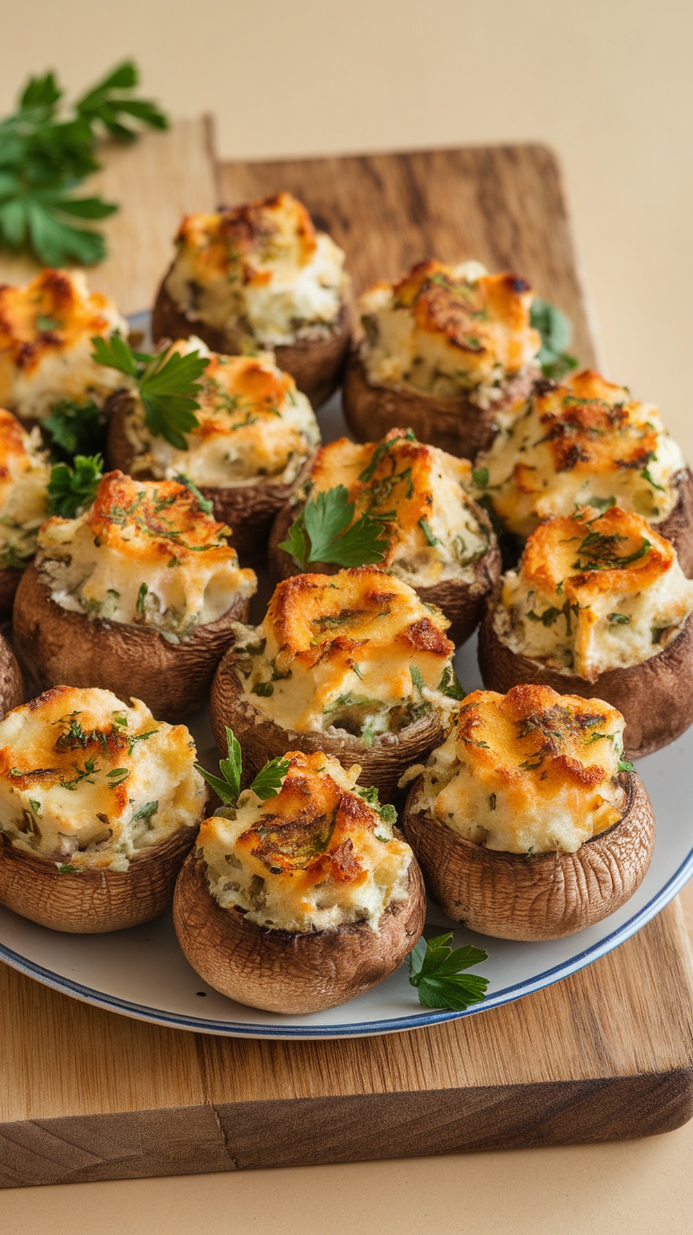 A platter of golden-brown stuffed mushrooms topped with a crispy layer, garnished with parsley.