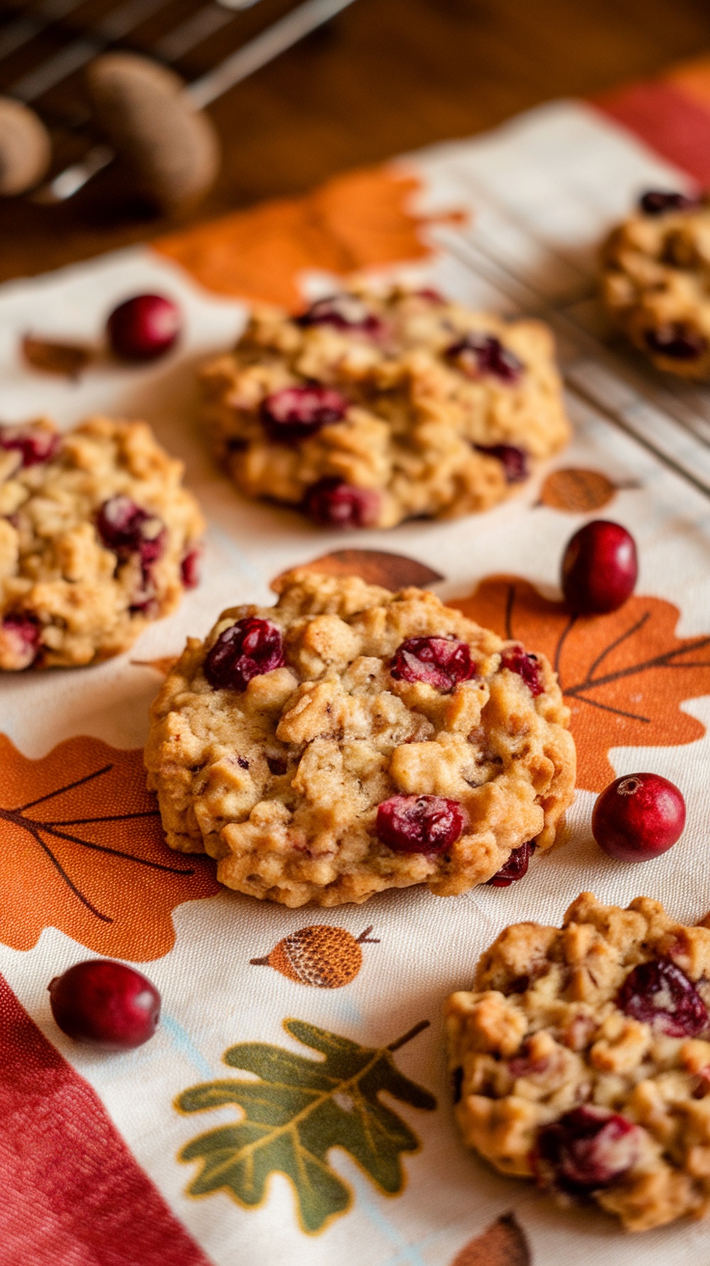 Cranberry orange oatmeal cookies on a festive tablecloth