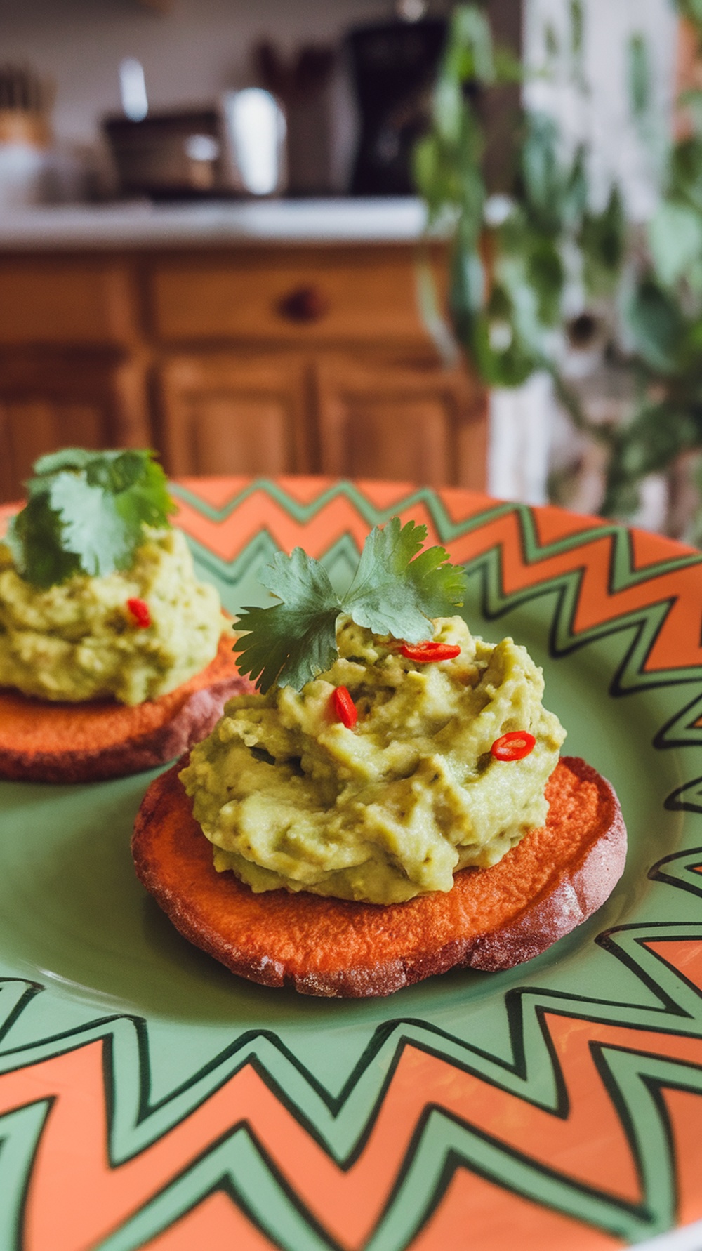 Spicy Sweet Potato Rounds topped with avocado and garnished with cilantro.