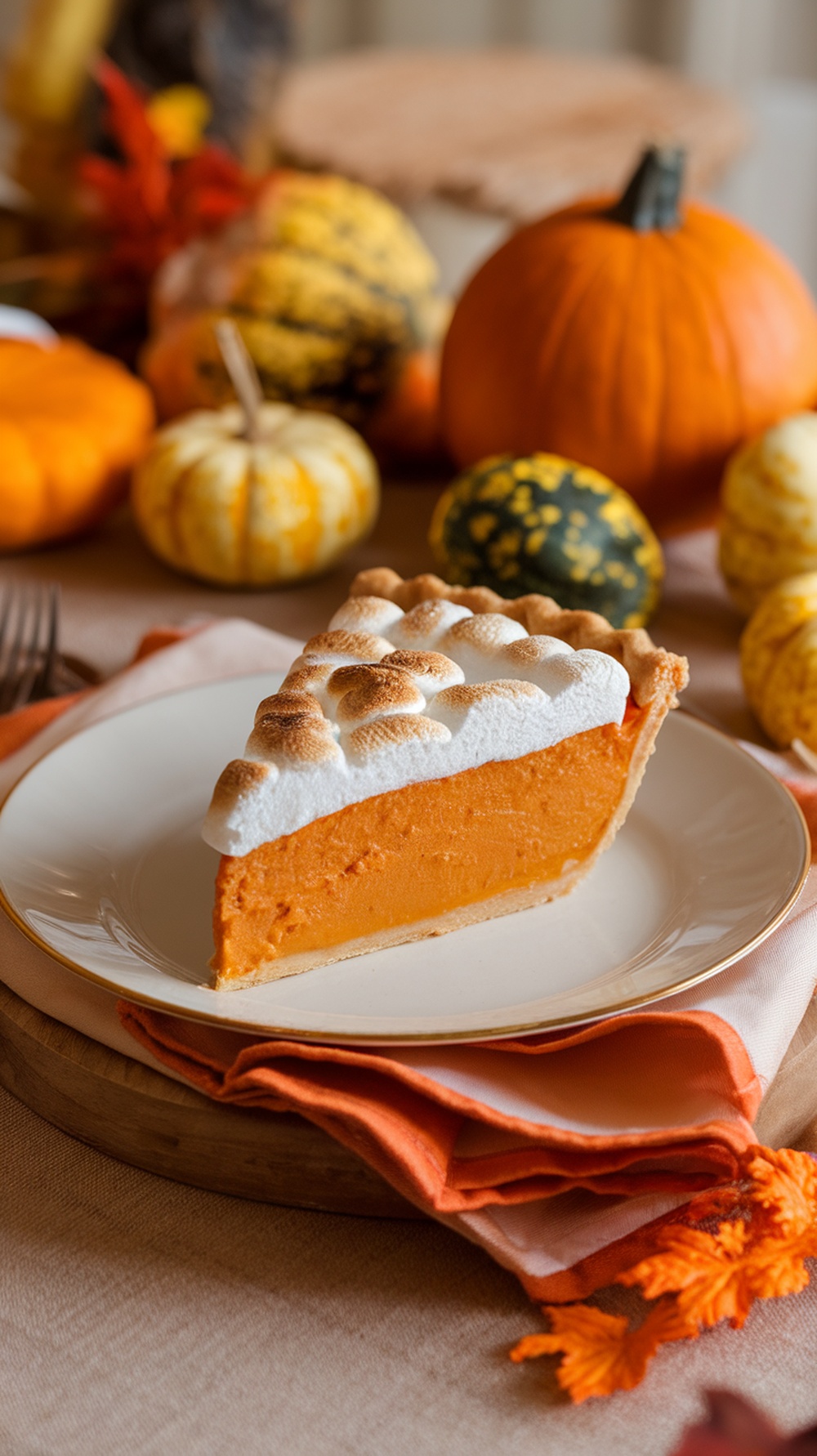 A slice of sweet potato pie with marshmallow topping on a plate, surrounded by autumn decorations.