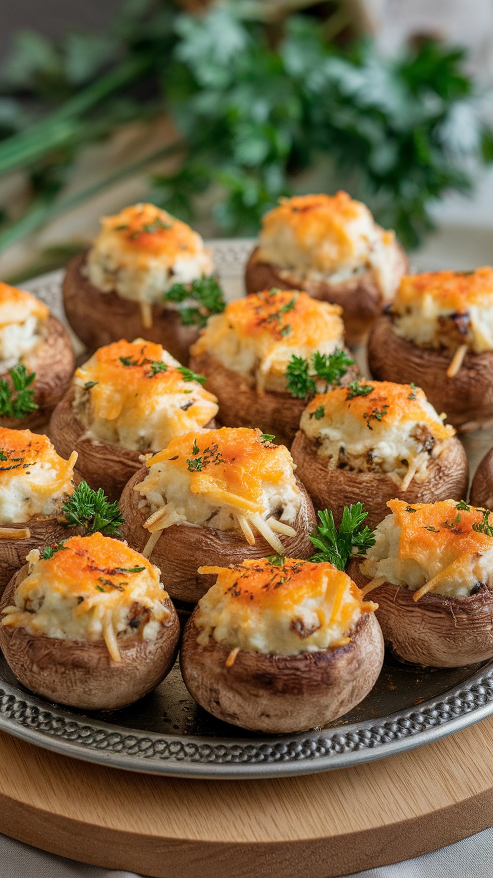 A platter of savory stuffed mushrooms topped with cheese and herbs.