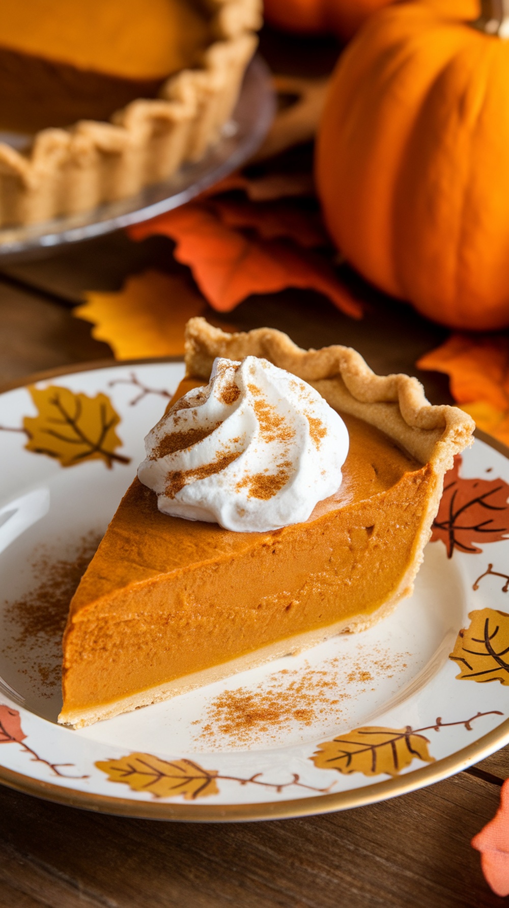 Slice of pumpkin pie with whipped cream on a plate, surrounded by autumn leaves and a pumpkin.