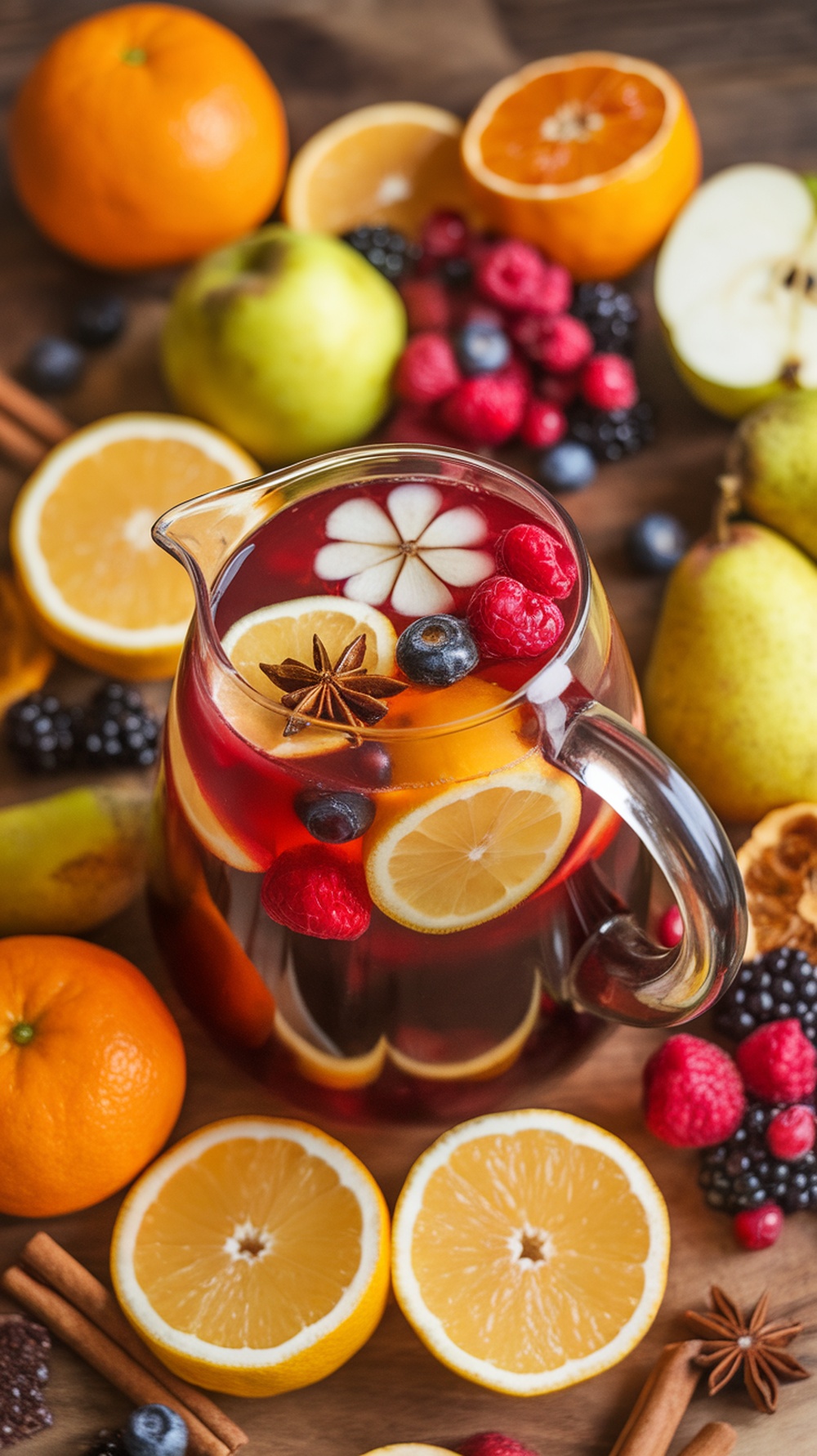 A pitcher of Autumn Berry Sangria surrounded by fresh fruits and spices.