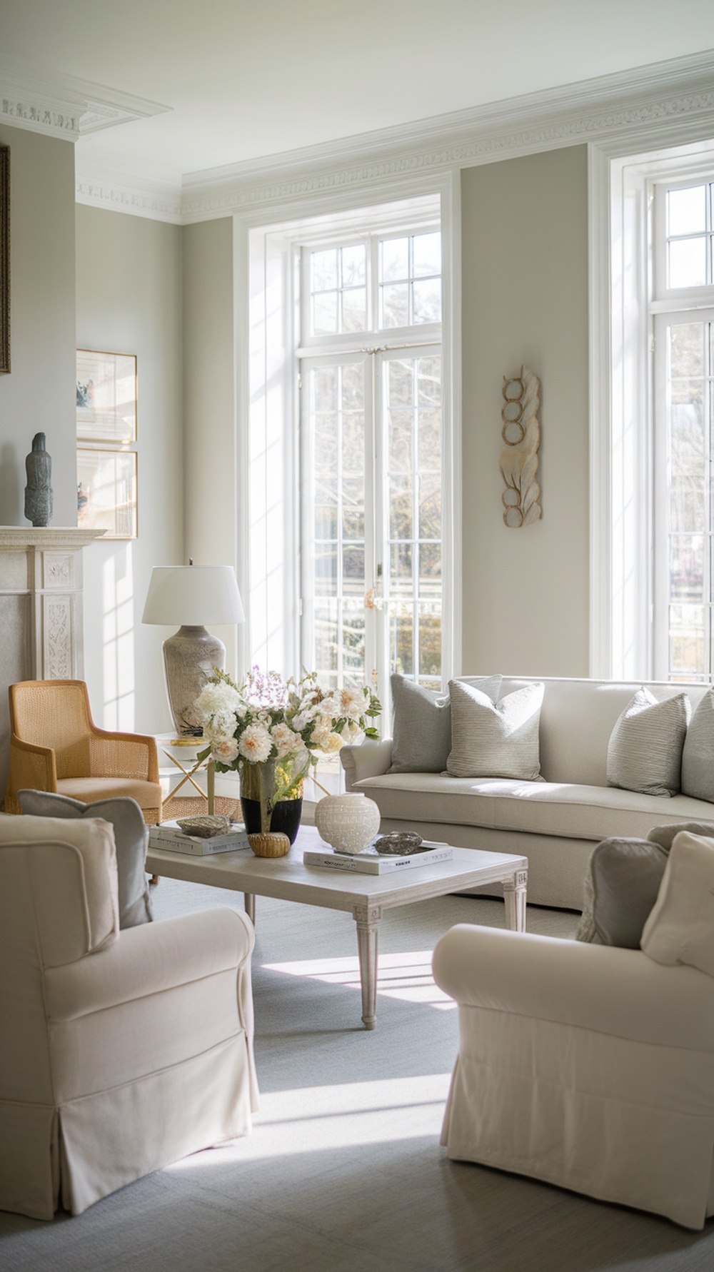 A bright and airy living room featuring Light French Gray walls, natural light, and cozy furniture.