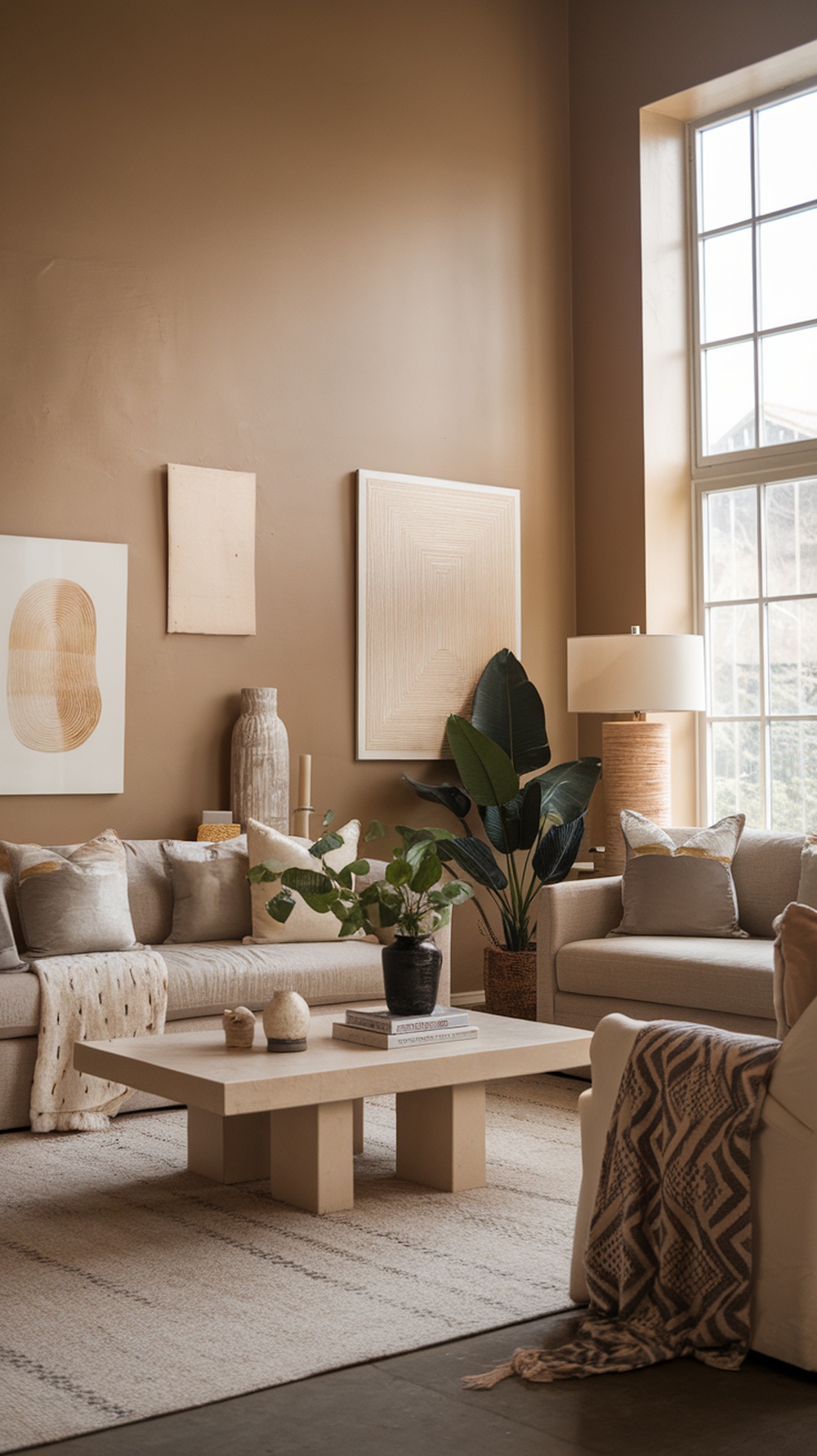 Cozy living room with beige walls, comfortable sofa, and natural light