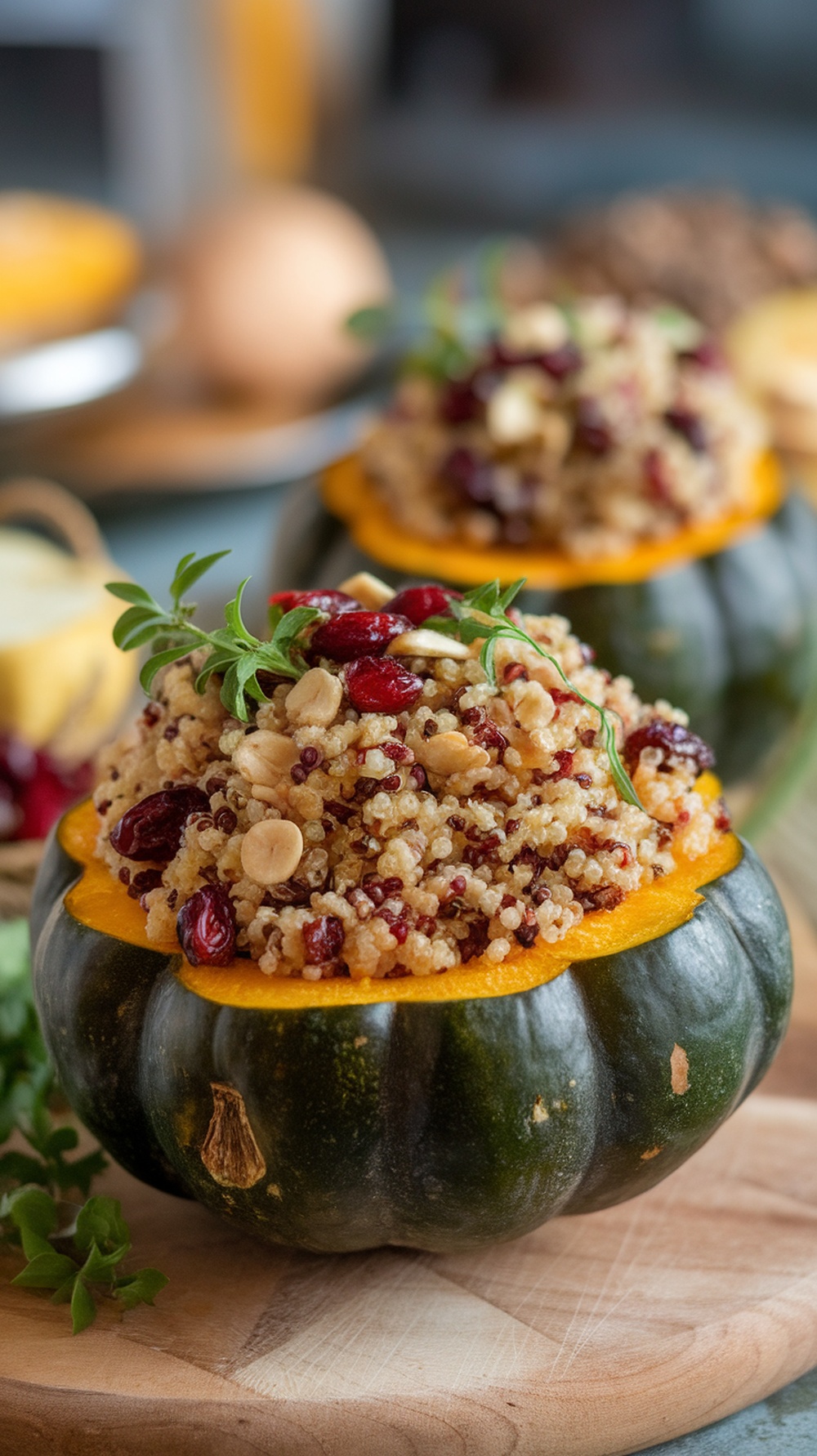 Stuffed acorn squash filled with quinoa, cranberries, and nuts, garnished with fresh herbs.