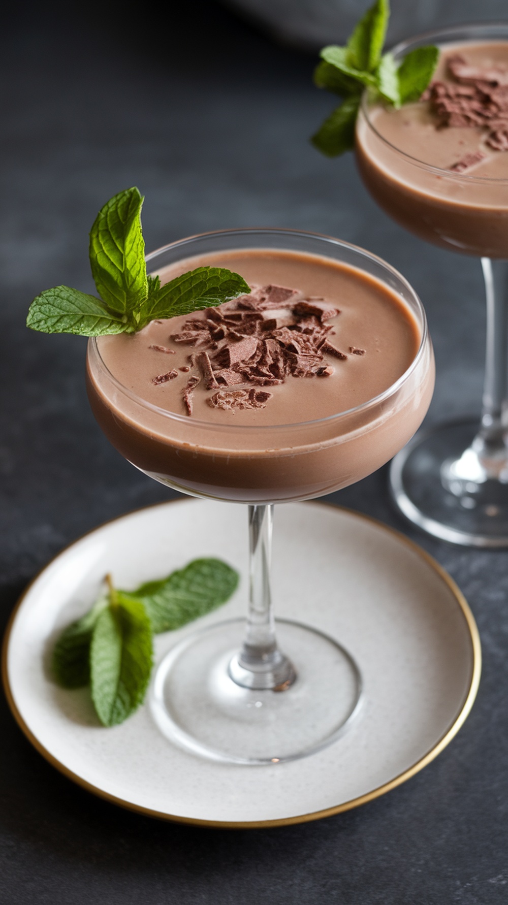 A Chocolate Mint Martini garnished with mint leaves and chocolate shavings.