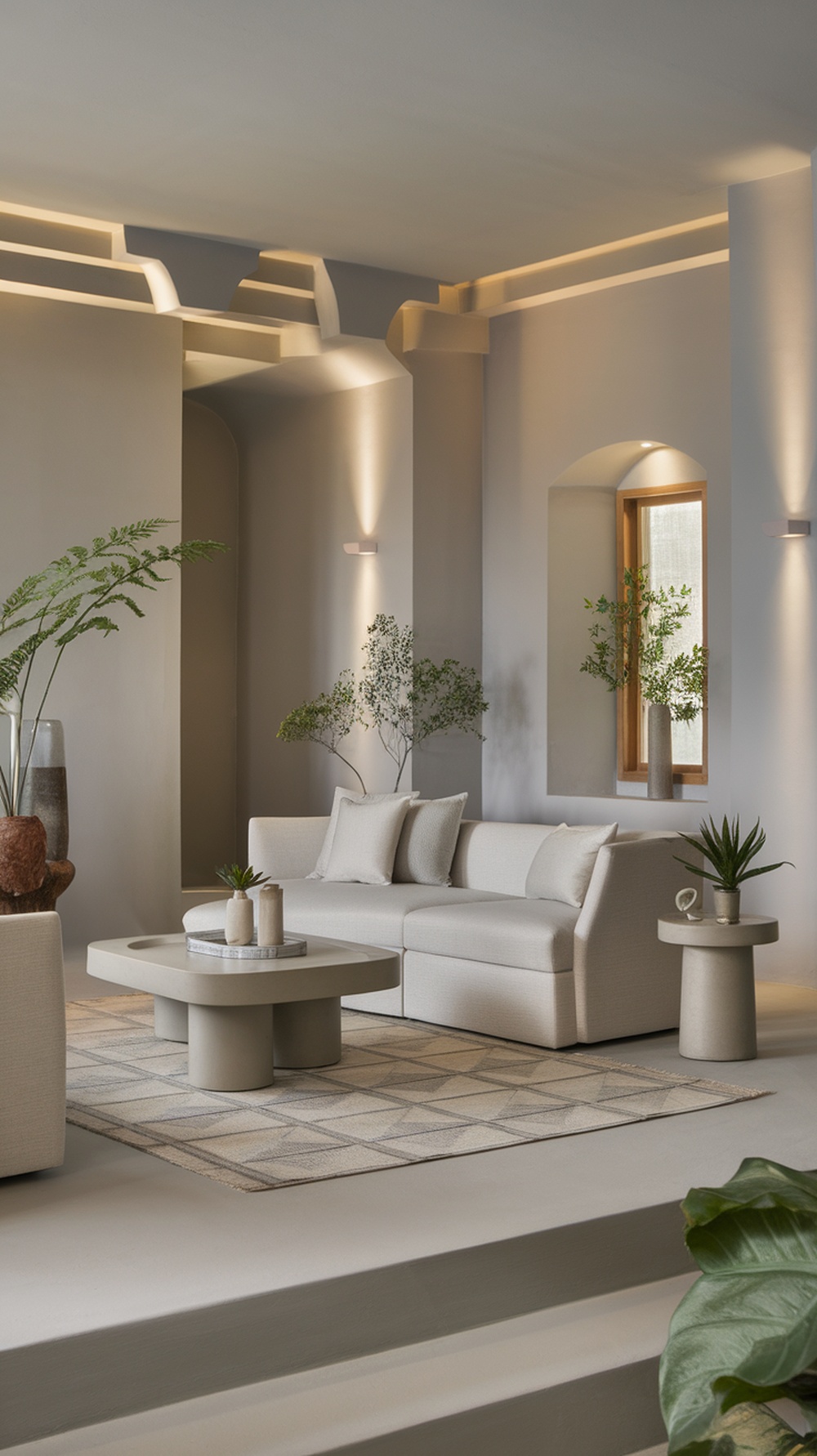 A cozy living room featuring Mindful Gray walls, soft furniture, and plants.