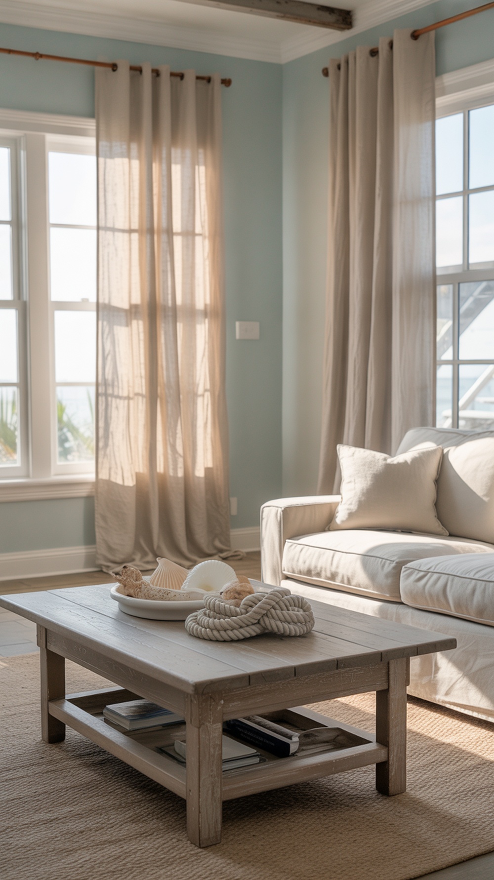 A cozy coastal living room featuring Krypton by Sherwin Williams, with blue walls and nautical decor.