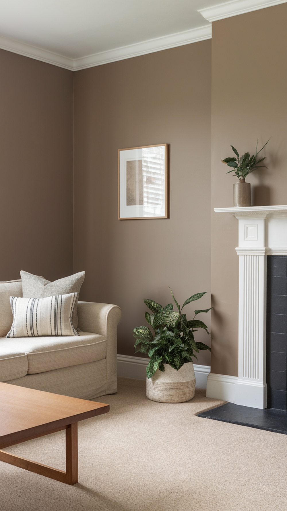 Cozy living room featuring Tony Taupe walls, light furniture, and plants.