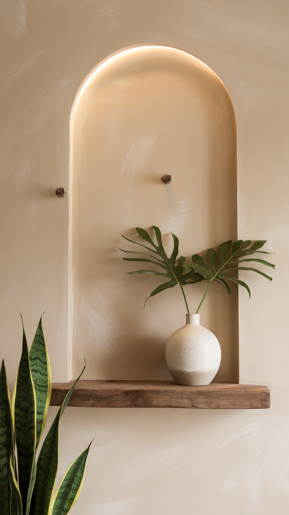 A cozy nook featuring a beige wall with a shelf, a vase, and green leaves.