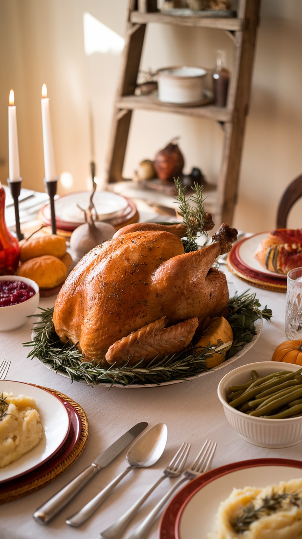 A beautifully roasted turkey on a festive table, surrounded by herbs and seasonal decorations.