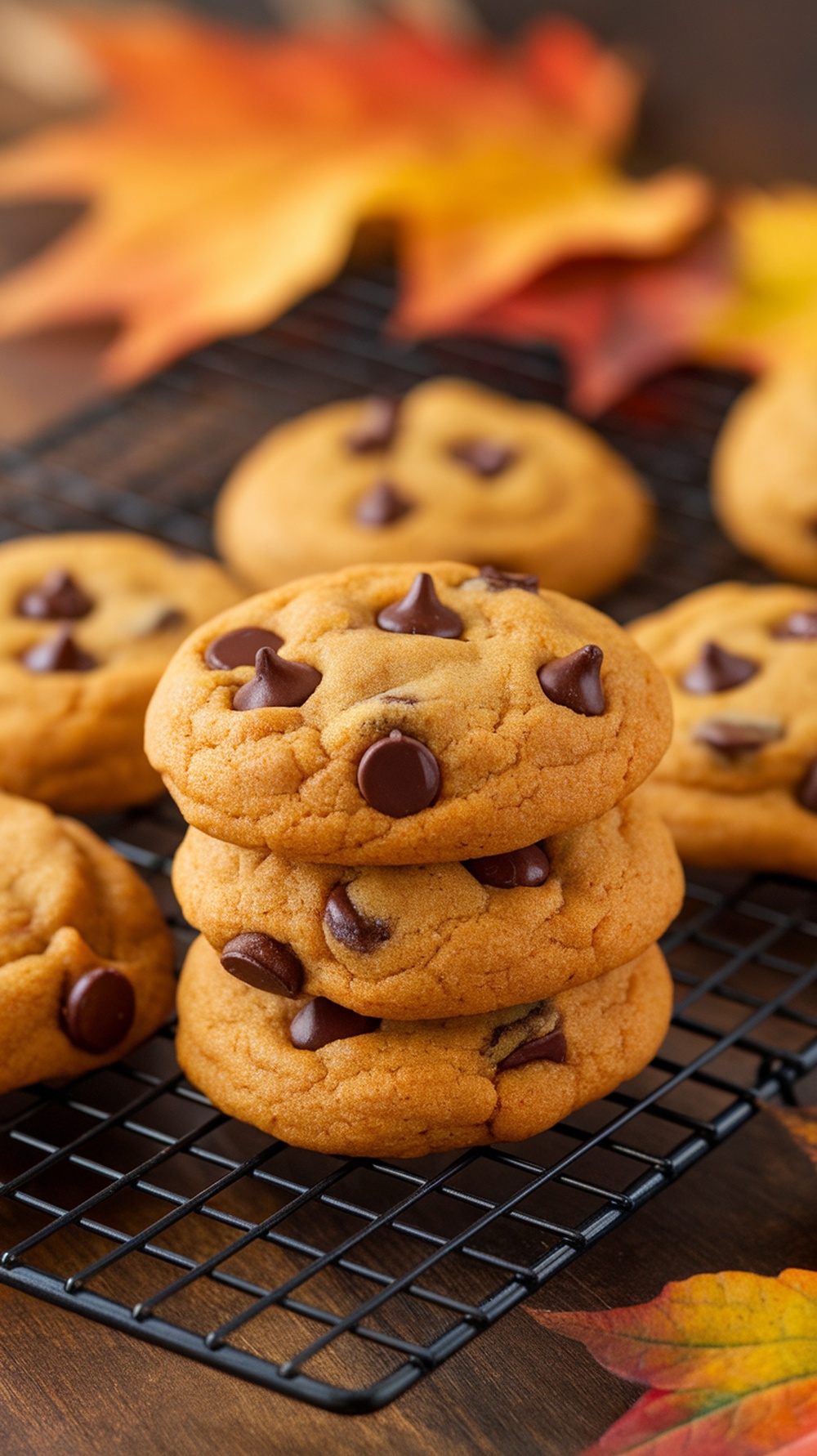 Chocolate chip pumpkin cookies stacked on a cooling rack with autumn leaves in the background.