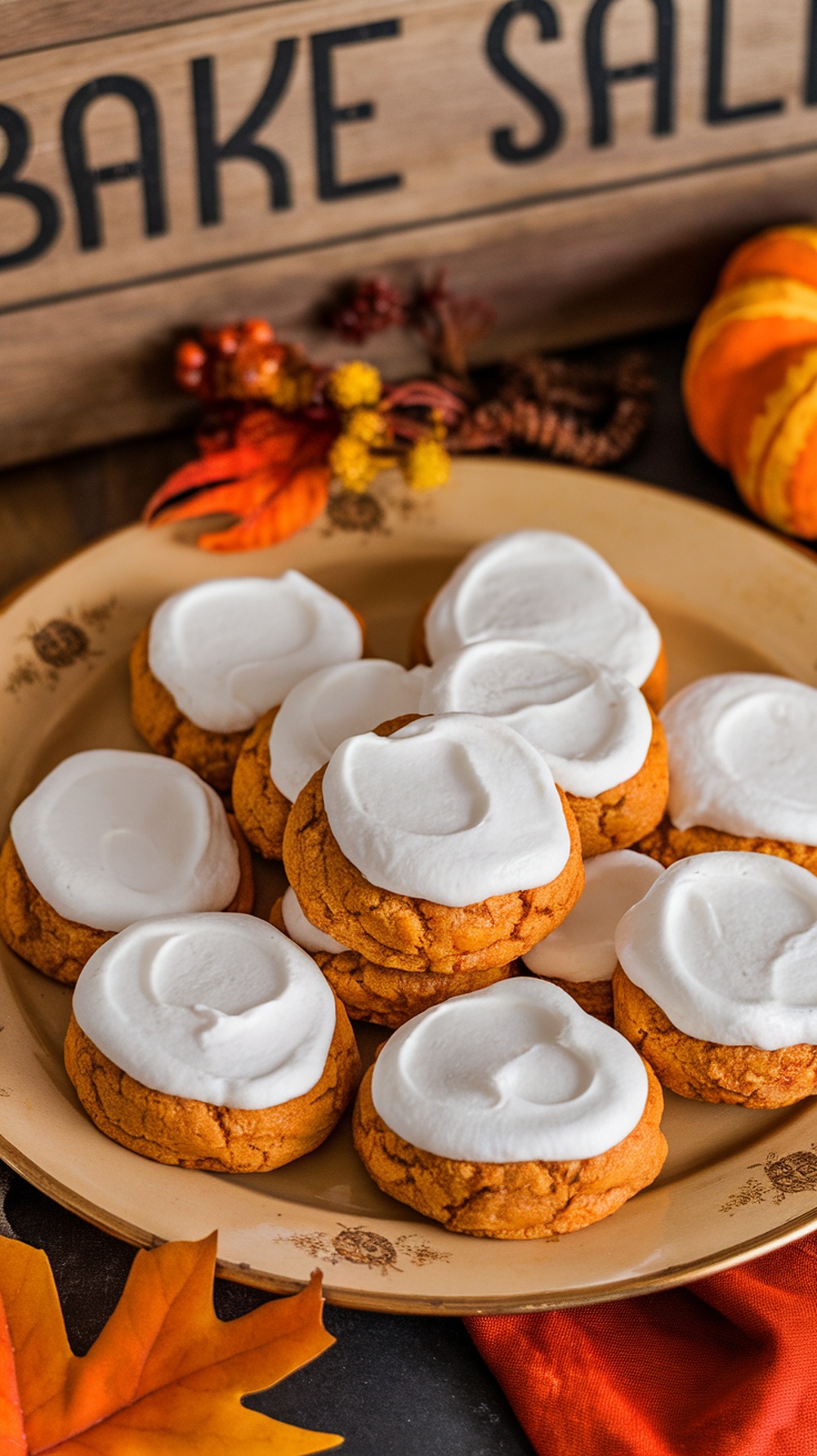 A plate of sweet potato cookies topped with marshmallow frosting, surrounded by autumn decorations.