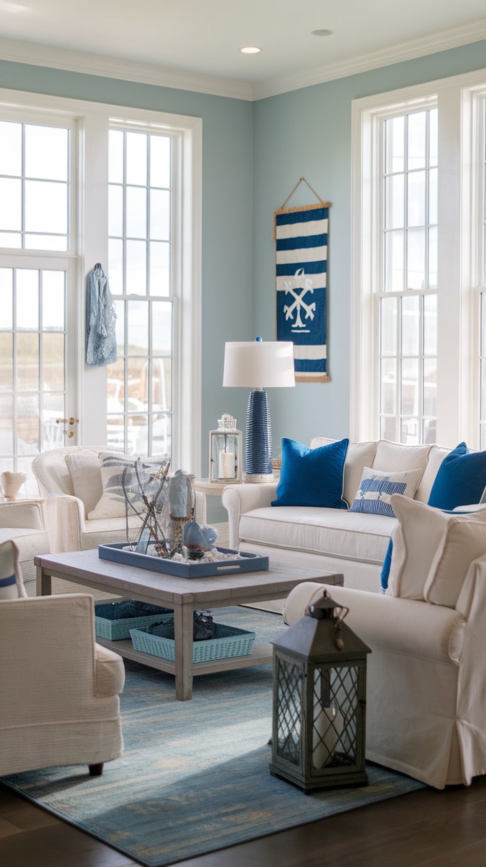 A coastal living room featuring soft blue walls, white furniture, and blue accents.