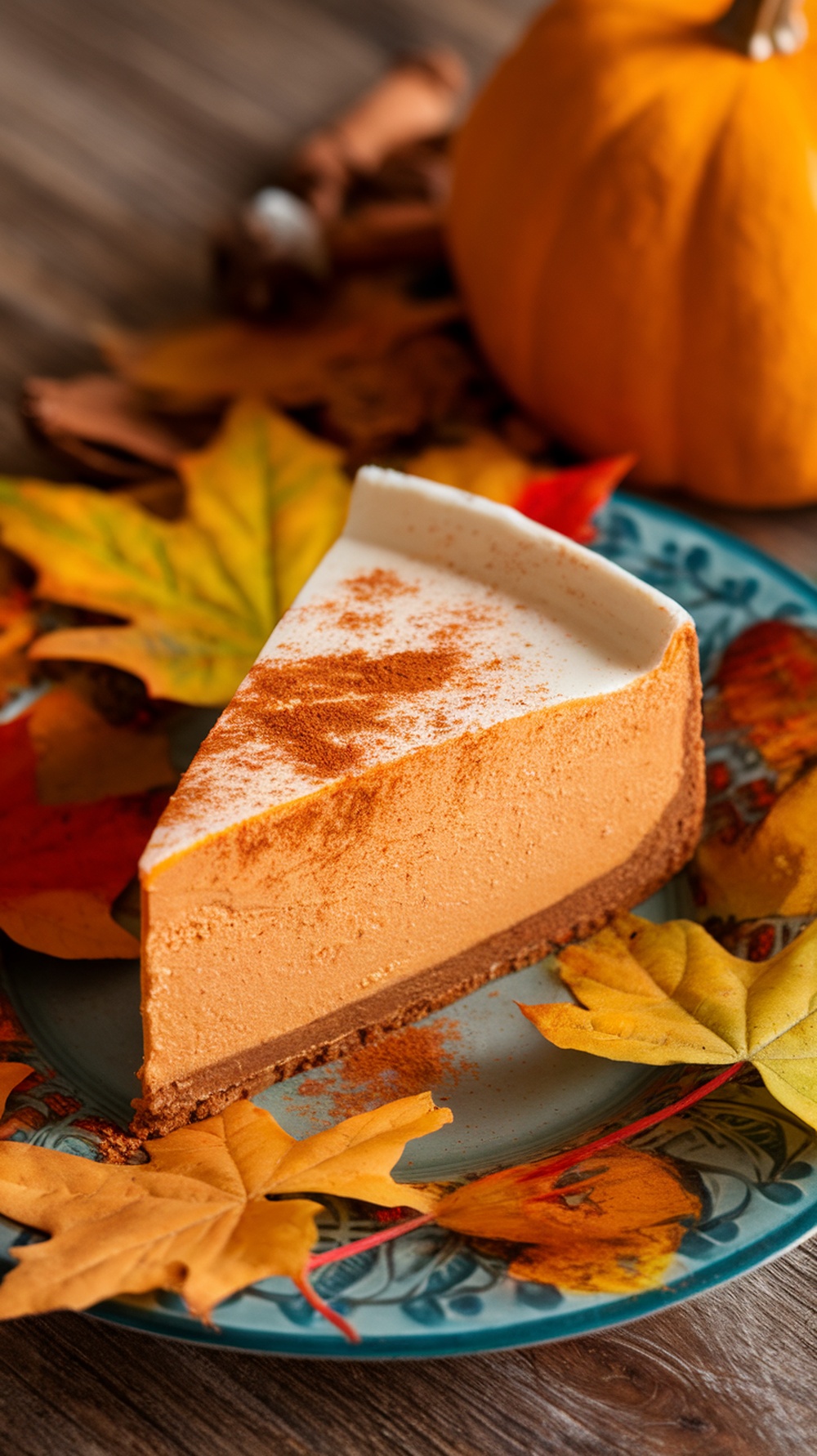A slice of pumpkin spice cheesecake bar on a decorative plate surrounded by autumn leaves.