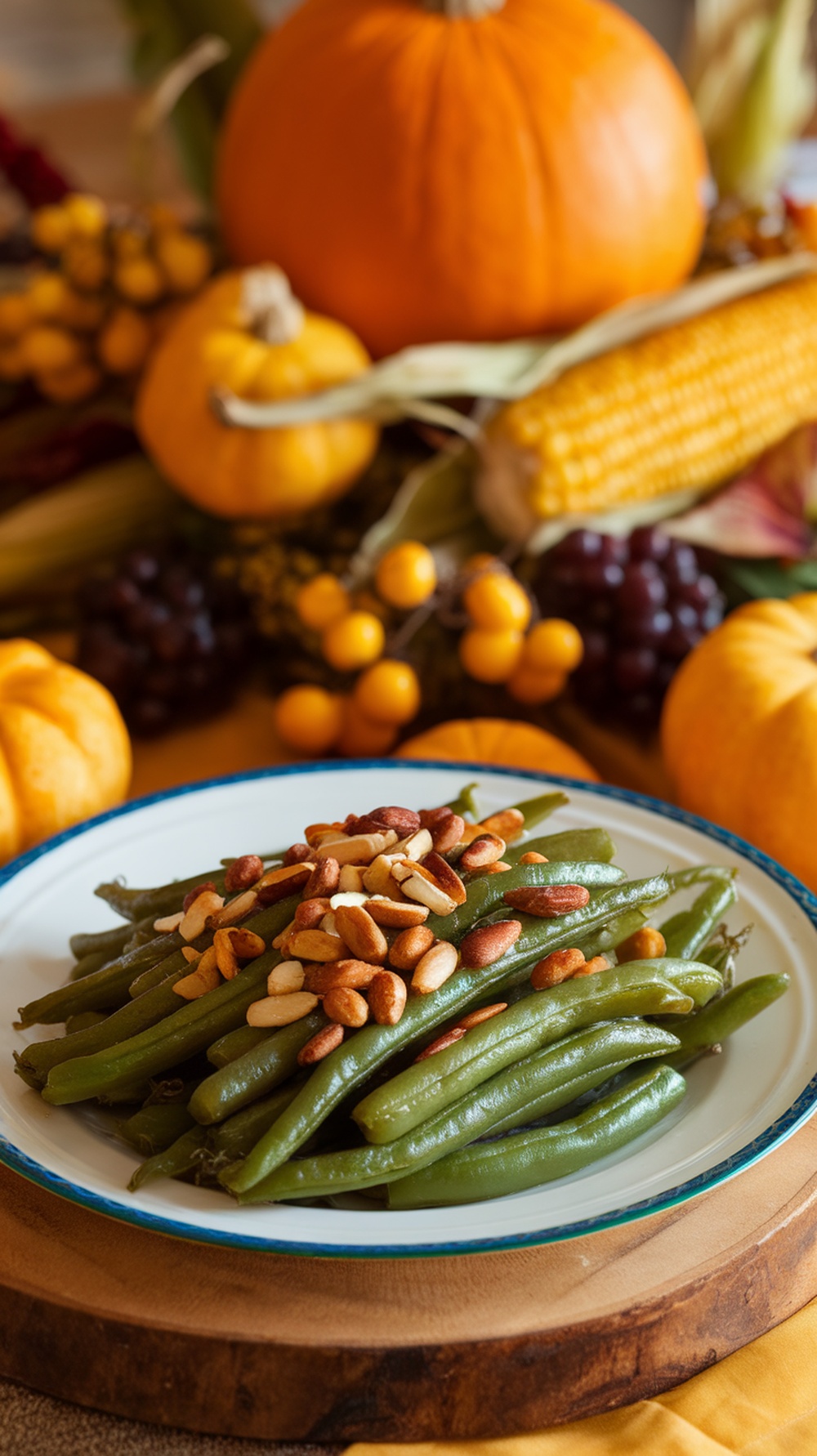 A plate of green bean almondine topped with toasted almonds, surrounded by autumn decorations.