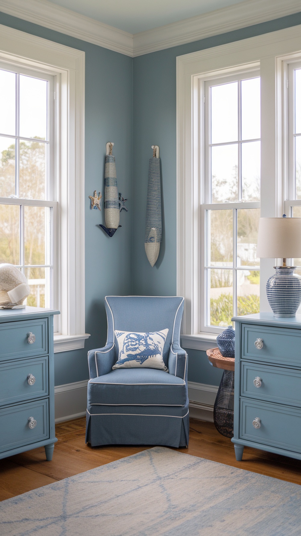 A cozy corner featuring Dutch Tile Blue walls, a comfortable chair, and coastal decor.