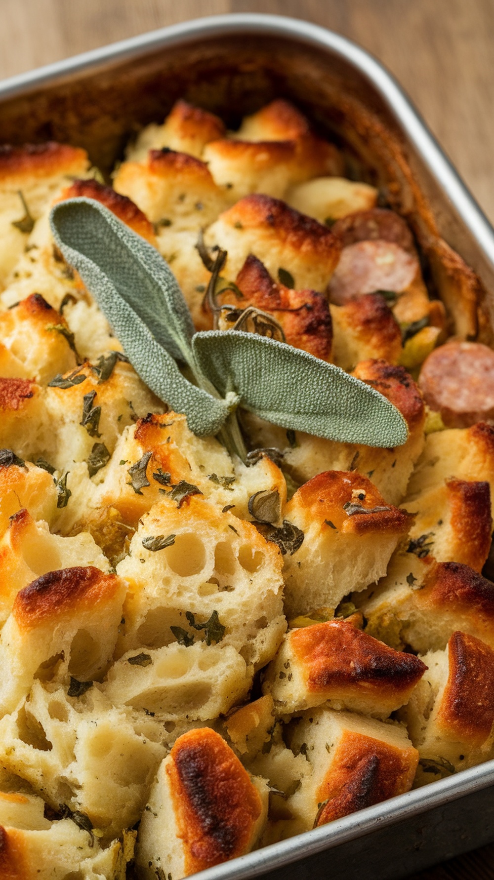 A close-up of classic stuffing with sage, featuring a golden crust and herbs.
