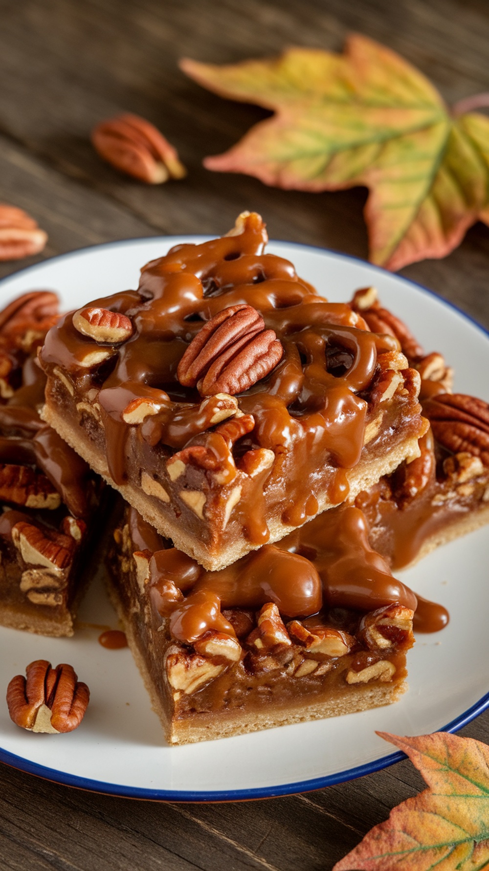 A plate of pecan pie bars topped with caramel drizzle and pecans, surrounded by autumn leaves.