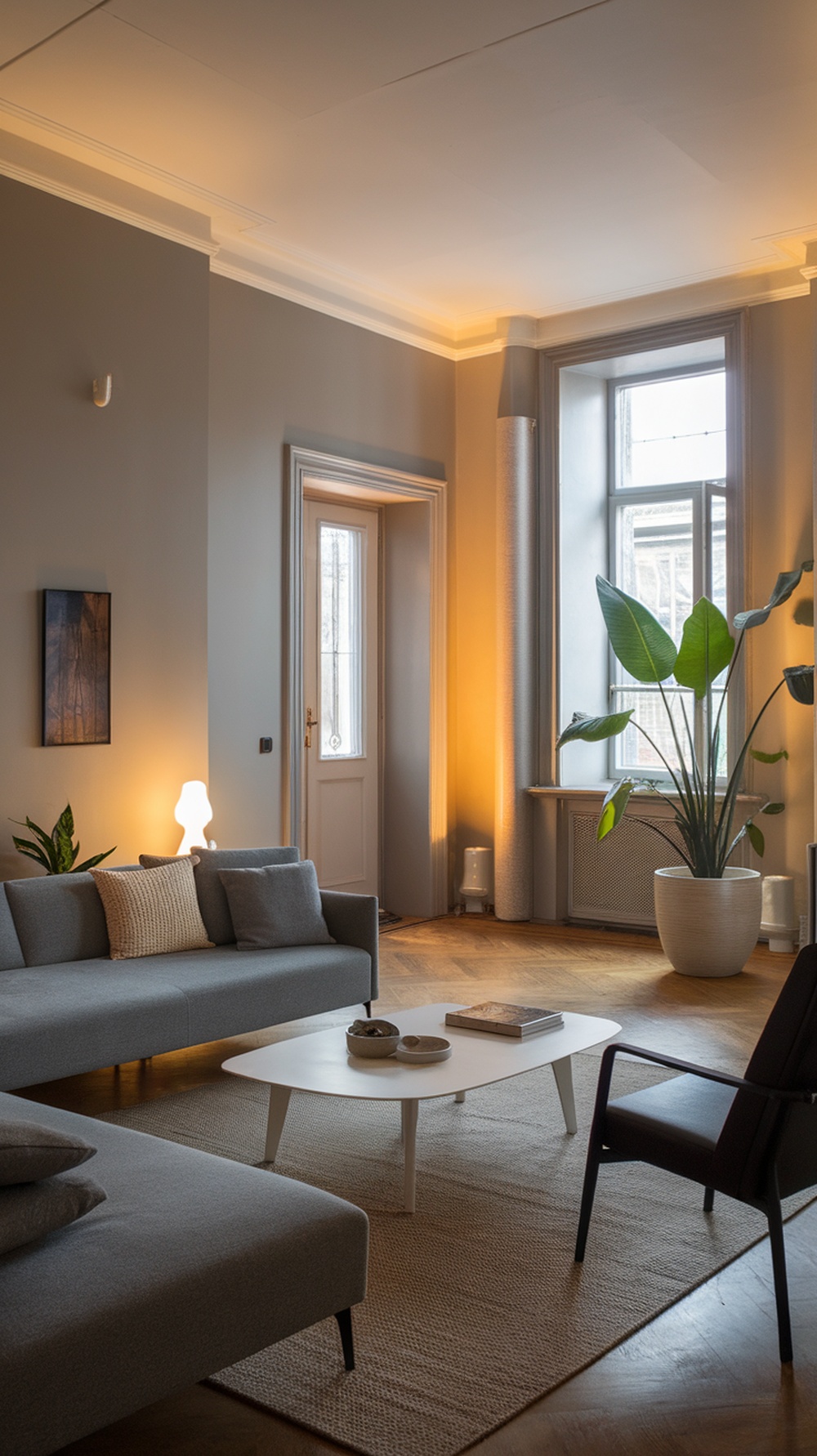 A cozy living room featuring Agreeable Gray walls, modern furniture, and natural light.