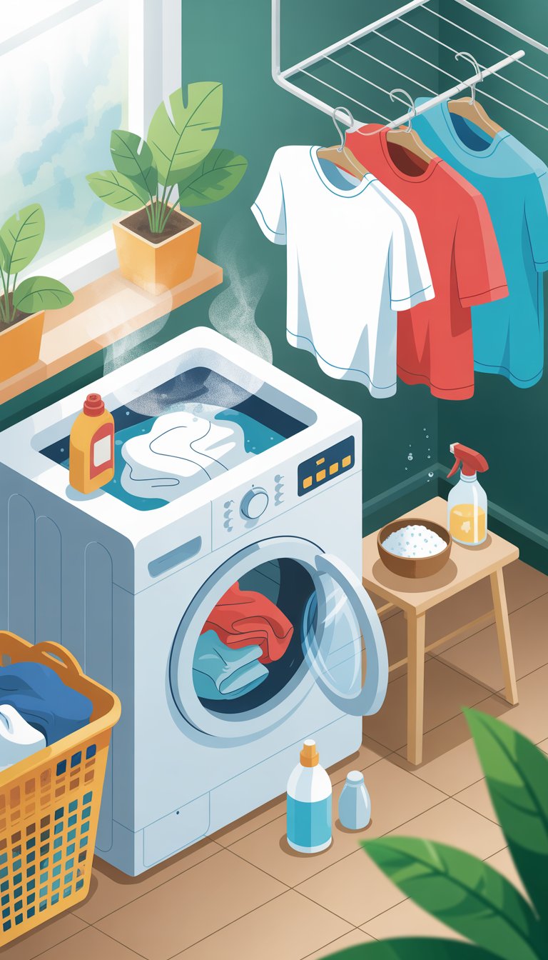 A laundry room with a washing machine, detergent bottles, a laundry basket, and clothes hanging on a drying rack.