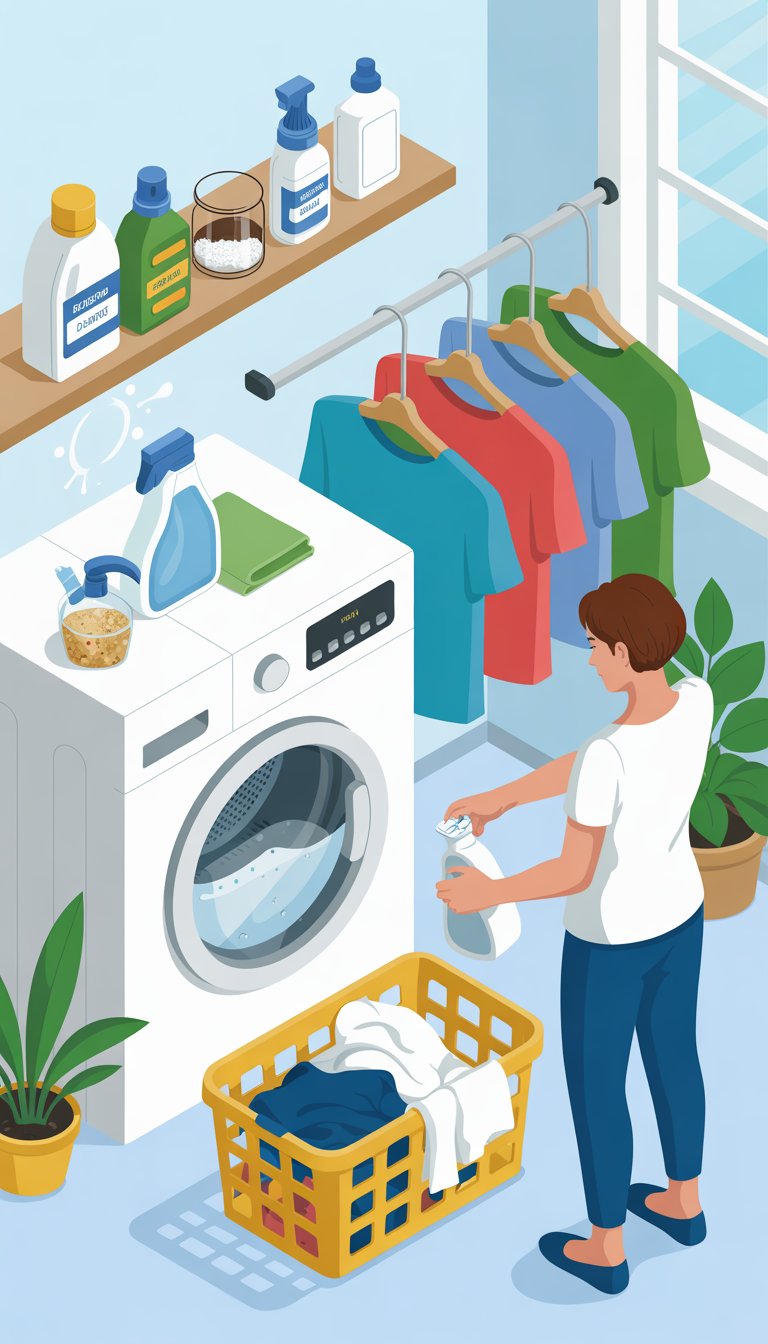 A laundry room scene with people washing and drying clothes, showing detergent bottles and natural cleaning supplies on a shelf.