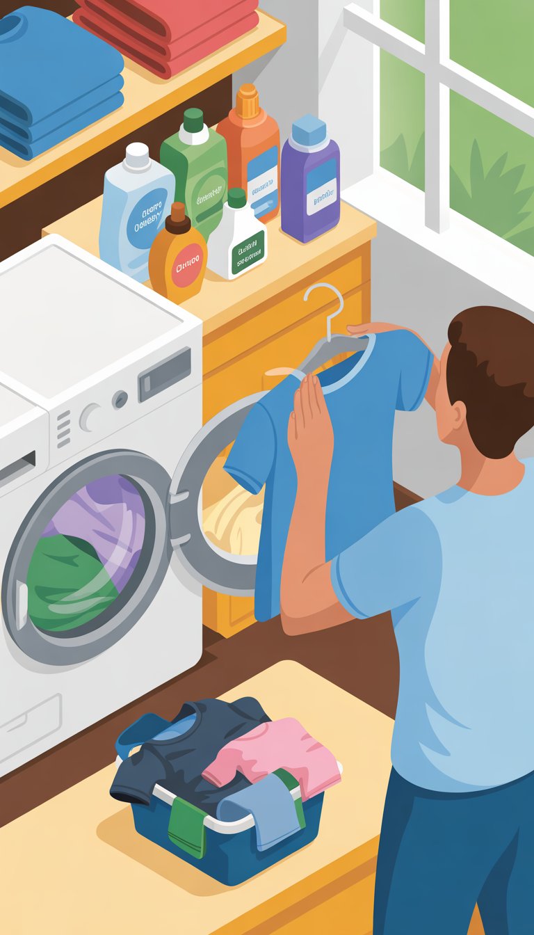 A person in a laundry room holding up a freshly washed shirt near a washing machine surrounded by various laundry products and baskets of clothes.