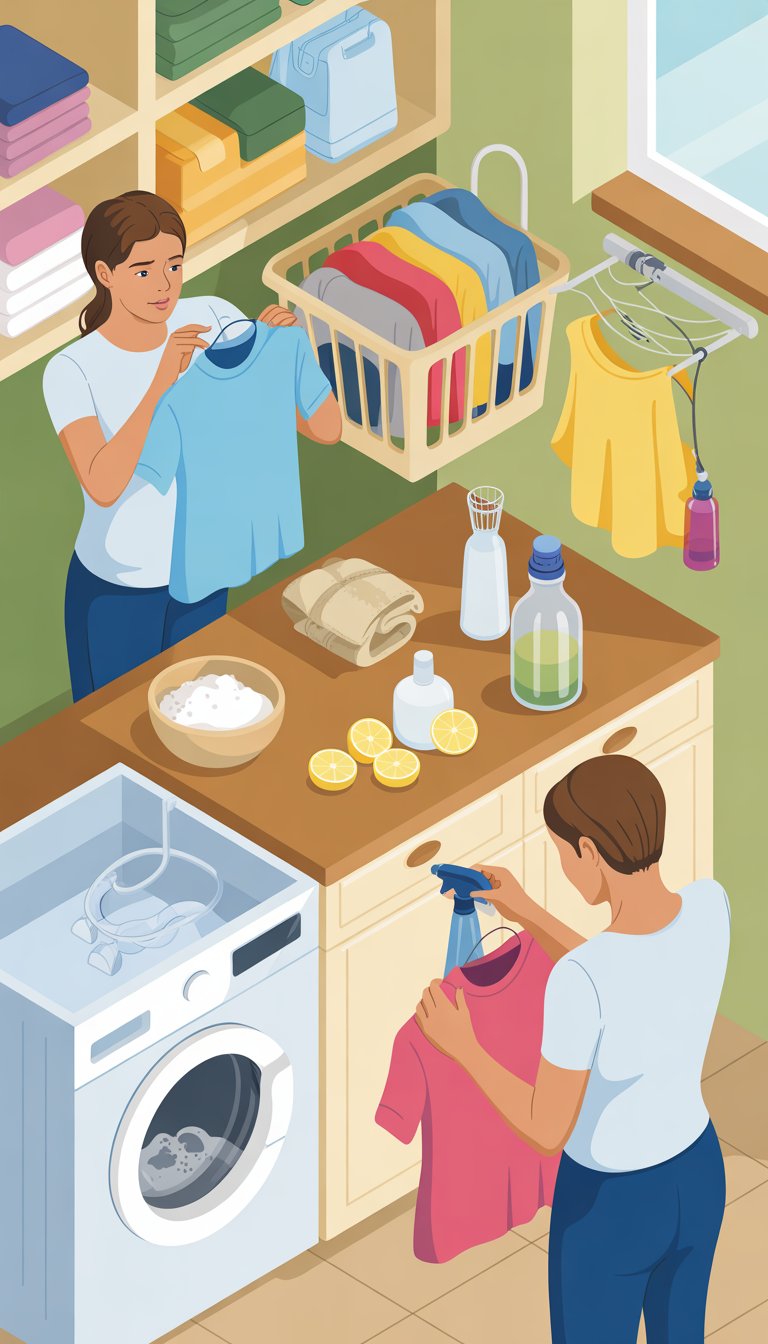 A person in a laundry room inspecting clothes with natural odor removers like baking soda, vinegar, and lemon nearby, preparing clothes before washing.