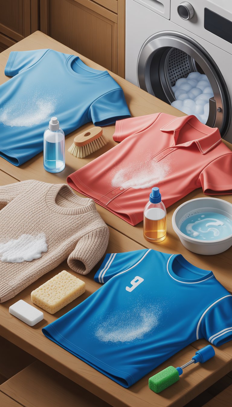 A detailed isometric view of different clothes on a table with cleaning tools nearby, showing how to remove sweat stains from various fabrics.