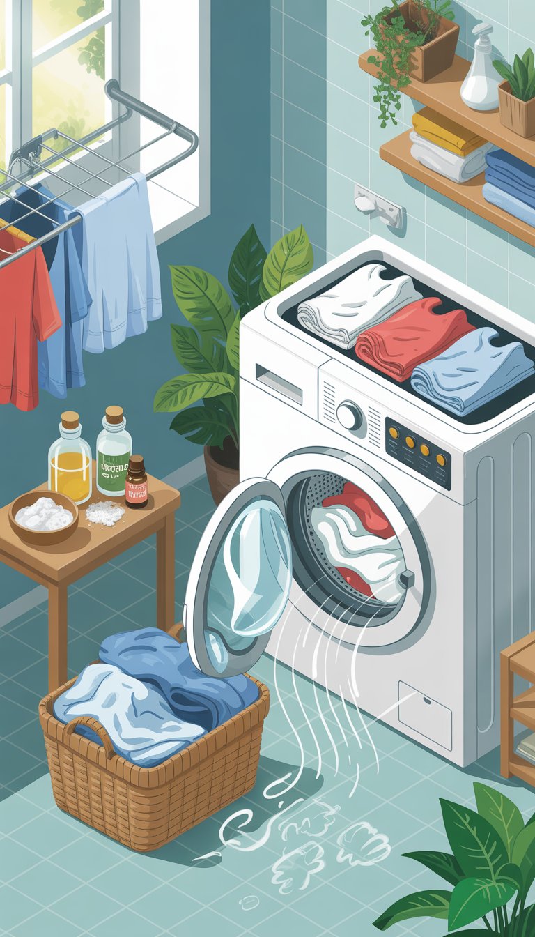 A laundry room with a washing machine, damp clothes in a basket, a drying rack with clothes, and natural cleaning supplies on a table, sunlight coming through a window.