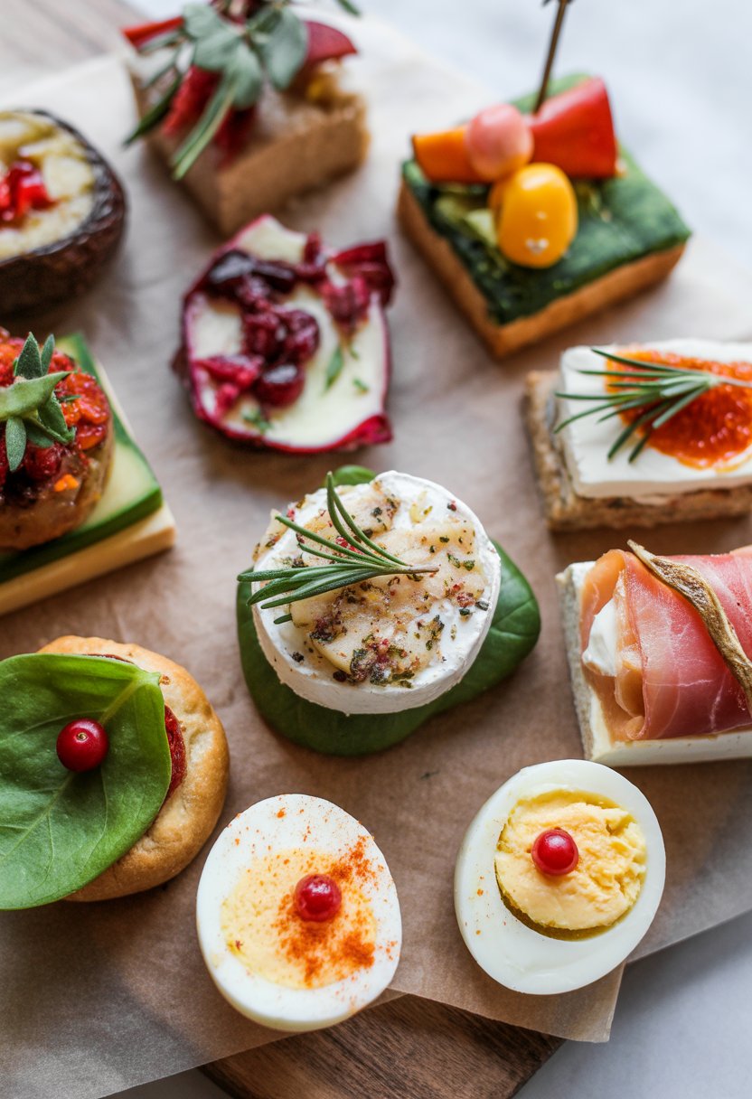 Seven colorful Christmas appetizers arranged on a rustic surface, including stuffed mushrooms, cranberry brie bites, mini caprese skewers, smoked salmon canapés, prosciutto-wrapped figs, deviled eggs, and rosemary focaccia squares.