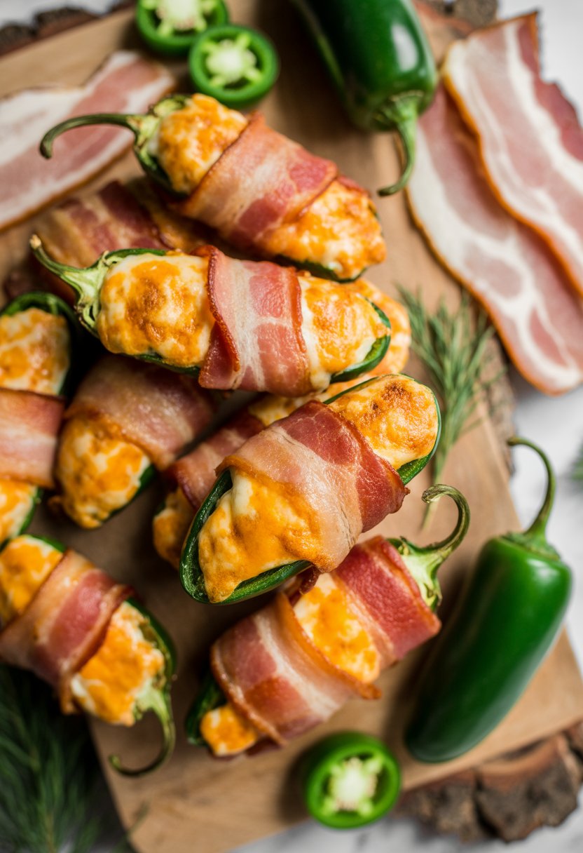A plate of cheesy bacon-wrapped jalapeño poppers with fresh jalapeños and bacon on a rustic surface.