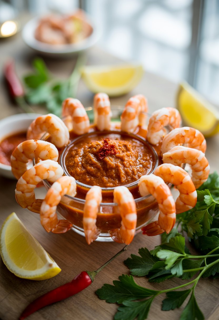 A glass bowl of shrimp cocktail with spicy horseradish sauce, garnished with lemon wedges and parsley on a wooden surface.