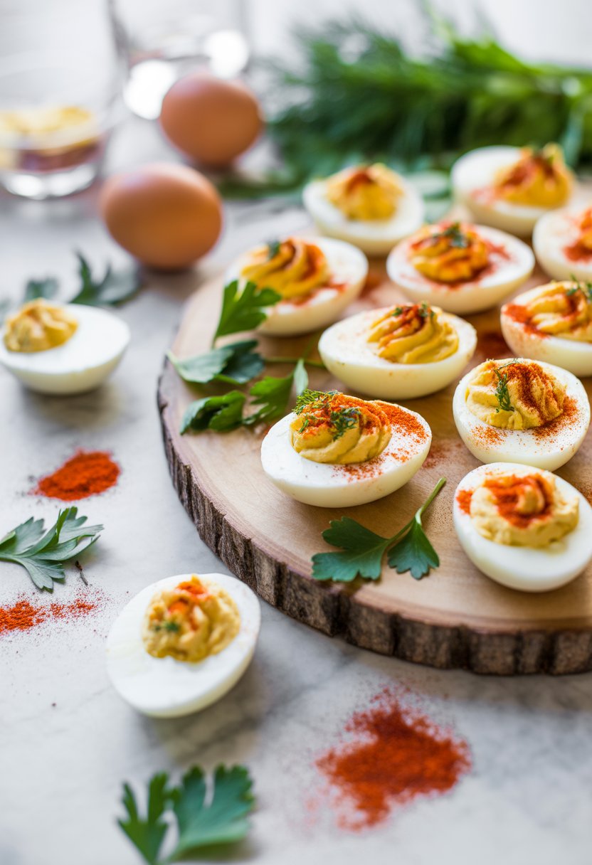 A plate of deviled eggs topped with smoked paprika and fresh herbs on a rustic surface, surrounded by fresh ingredients.